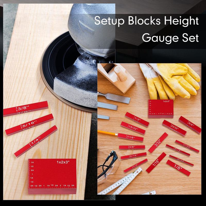 Setup Blocks Height Gauge Set, 15 Pieces Aluminum Block Precision Saw Kit Drill Press Table Router Setup Blocks Woodworking Tool Bars Accessories Laser Engraved Size Markings(Red) Red