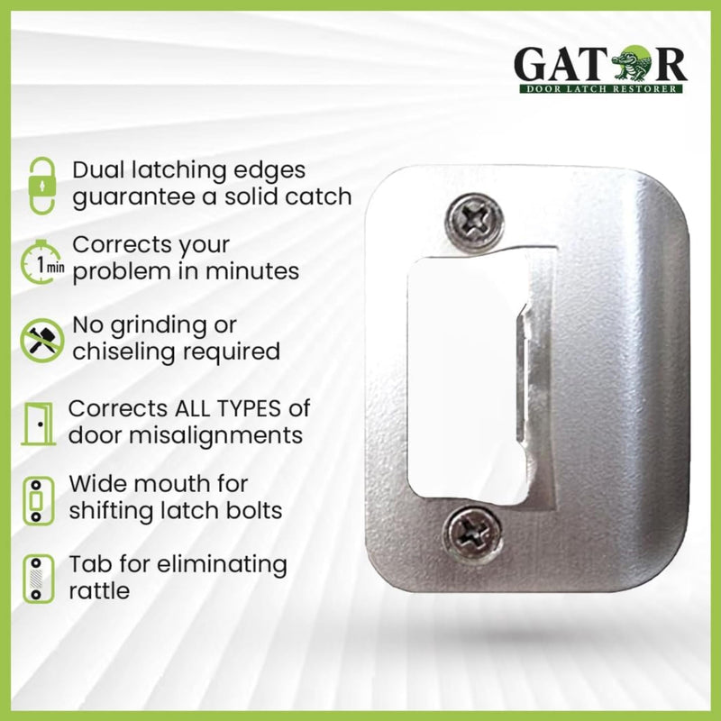 Gator Door Strike Plate with Screws, – 2-1/4" by 1-3/4" Universal Latch Restorer Alloy Steel Lock Hardware for Interior and Exterior Doors, Replacement Door Latch Plate | Satin Nickel 4-Pack