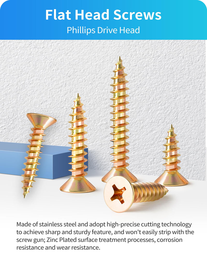 600Pcs Stainless Steel Zinc Plated Wood Screws Assortment Kit, #4#6#8#10#12 Phillips Flat Head Sheet Metal Screws Self Tapping Screws Set,Length 3/8" to 2" (Gold-Flat Head 600PCS) Gold-Flat Head 600PCS