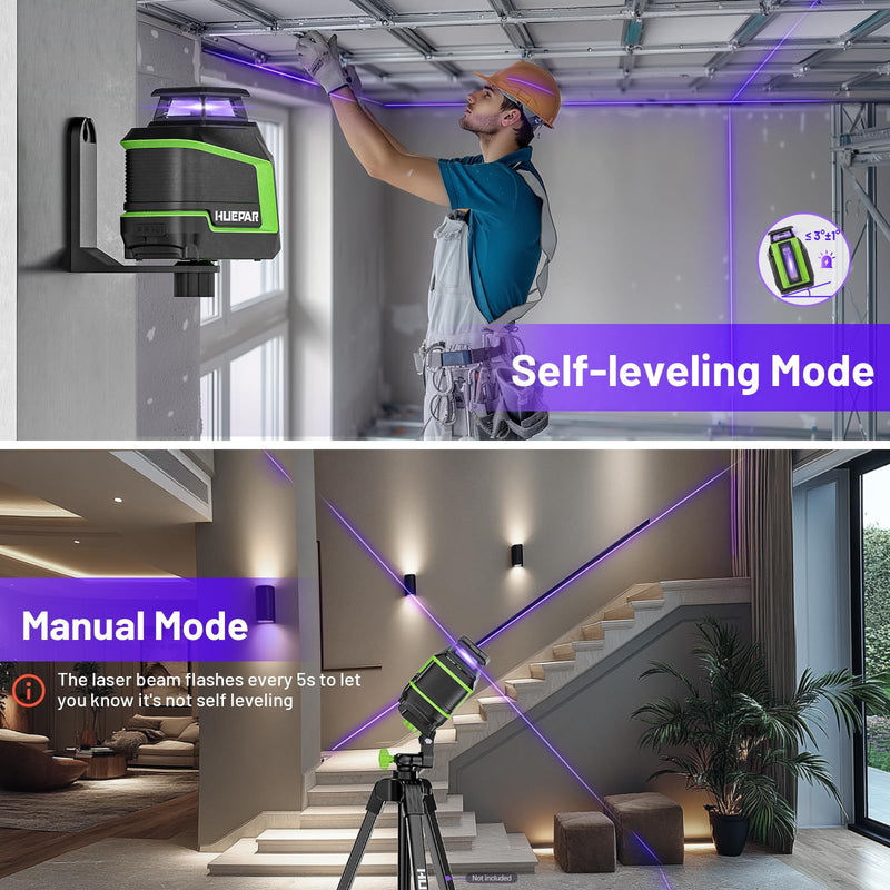 Huepar 360° Laser Level, 82Ft - 165Ft Self Leveling Laser Level with Pulse Mode, 3 Brightness Levels Rechargeable Li-ion Battery Purple Line Laser Leveler Tool for DIY Indoor Project D011c-p