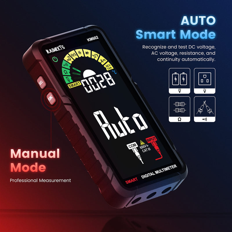 [Australia - AusPower] - KAIWEETS Smart Multimeter Rechargeable Electrical Tester with Auto Ranging Digital Voltmeter Measures Voltage Current Resistance Continuity Capacitance Temperature Frequency NCV 6000 Counts TRMS Black KM602 Full-screen smart multimeter 