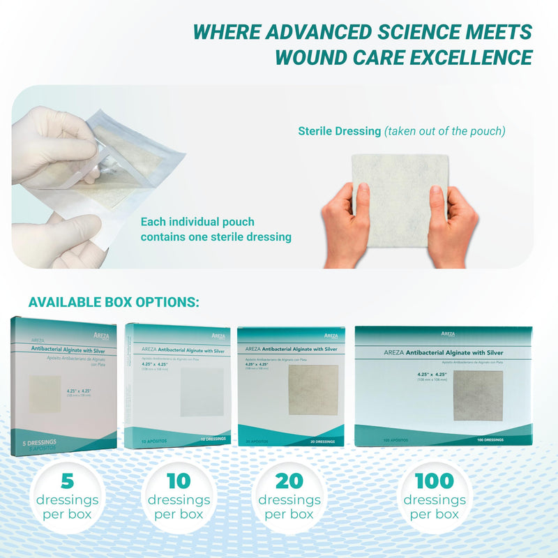 [Australia - AusPower] - Areza Medical - Silver Alginate (Antibacterial Alginate with Silver) - Sterile - Wound Dressing Pads - 4.25" X 4.25" (10.8 cm X 10.8 cm) - 20 PCS per Box - FSA/HSA Approved 