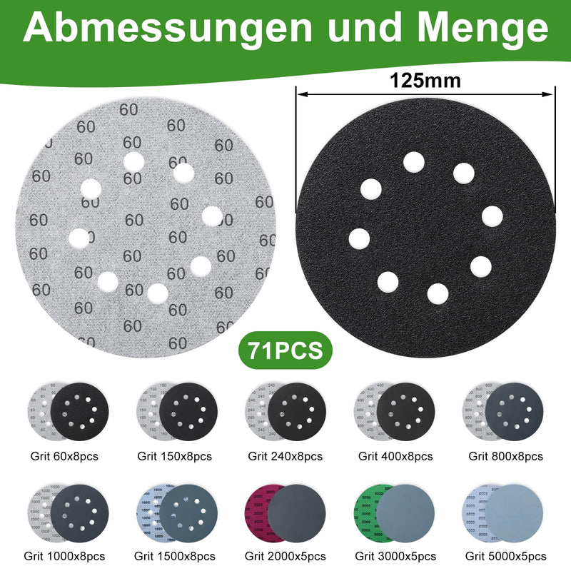 71 Stück Schleifpapier 125mm Klett Set, Trockene und Nasse Schleifscheiben | Körnungen 60/150/240/400/800/1000/1500/2000/3000/5000 Schleifpapier,für Die Verwendung An Automobilen, Metall und Holz