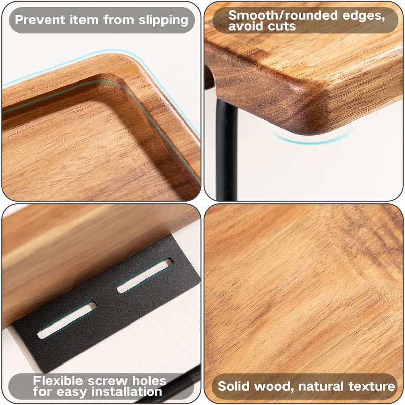 Yangbaga Toilet Paper Holder with Shelf: Wall Mount Bathroom Tissue Roll Storage with Adhesive& Screw, Matte Black Aluminum Alloy Bathroom Accessories Wood Shelf for Phone Wipes 7.5in*4.3in*3.46in