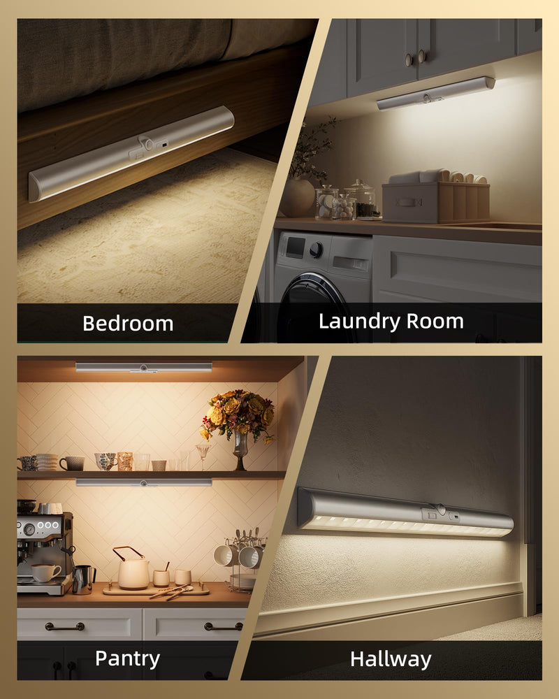EZVALO 17Inch Motion Sensor Closet Lights, 3600mAh Rechargeable Battery LED Cabinet Lights, 150 Lumens No-Glare Curved, 3 Color Temps & Dimmable Pantry Lights for Wardrobe, Shelves - 2Pack 2