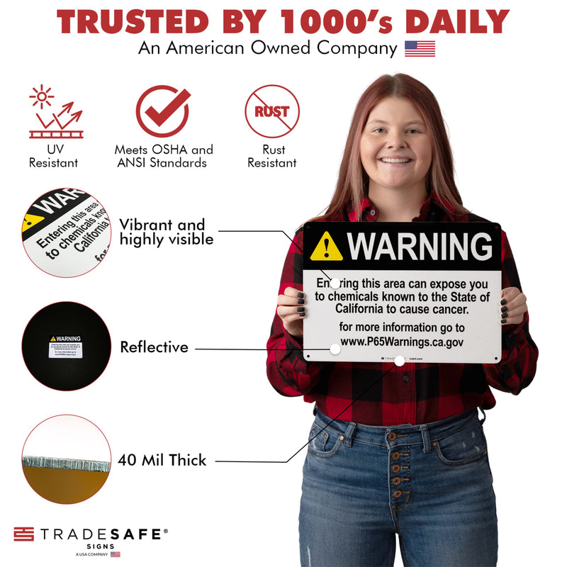 TRADESAFE Prop 65 Cancer-causing Chemicals - Warning Signs, Quick Install Aluminum Safety Sign, Light Reflective, UV-Resistant, Waterproof Signs for Business, 14” X 10” Prop 65 Warning Sign Cancer-Causing Chemicals Warning