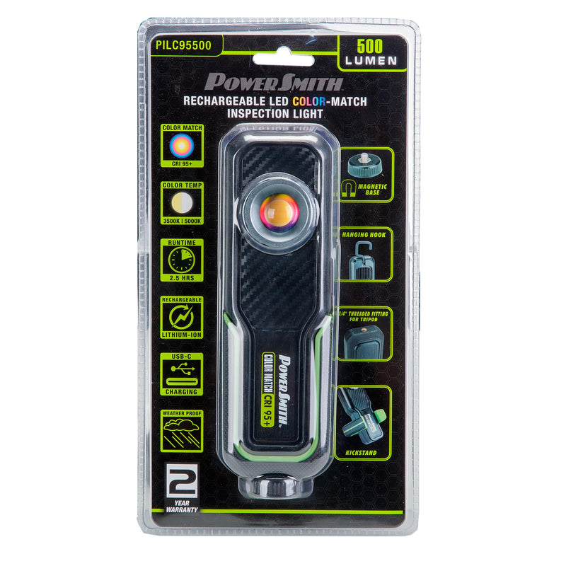 PowerSmith 500 LM Rechargeable LED Color Match (CRI 95+) Inspection Light, Two Color Temperatures 5000K/3500K, hanging hook, magnetic base with USB-C charging cable and 2 Year Warranty (PILC95500)