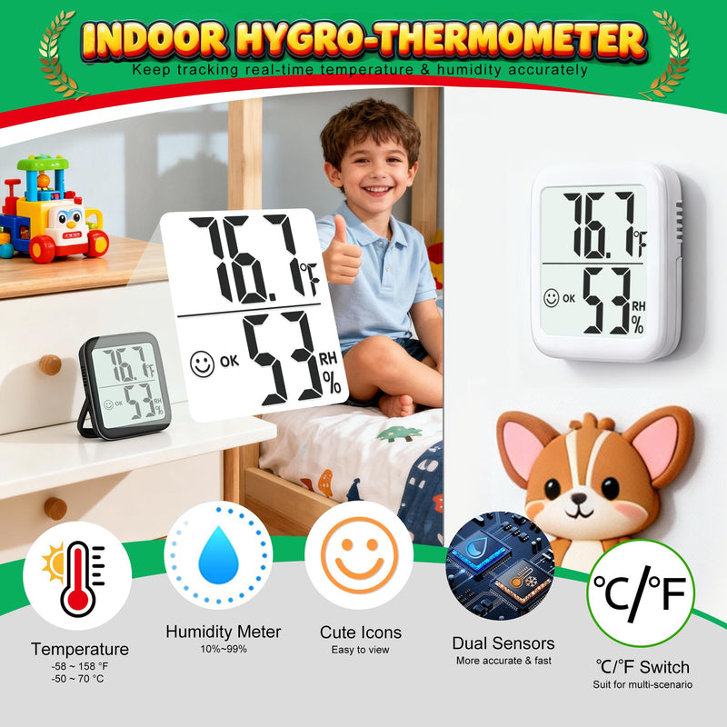 Antonki 2 Pack Room Thermometer for Home, Hygrometer Indoor Humidity Meter Gauge, Digital Temperature and Humidity Monitor Sensor for House, Terrarium, Incubator, Greenhouse - Battery Included 2 Pcs* Black & White