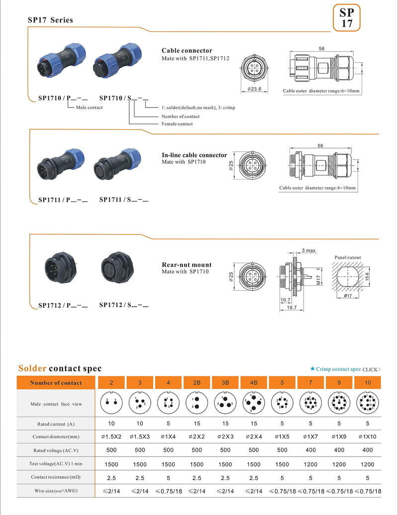 [Australia - AusPower] - SP17 7 Pin Connector 5A Power Aviation Circular Threaded Solder Rear Mount Panel Socket Plug, 18AWG Wire 7 pin 5A 