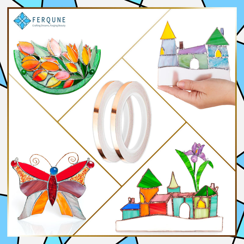 FERQUNE 3/16 Inch Black Backed Copper Foil Foil Tape for Stained Glass, 2 Rolls, 1 Burnisher