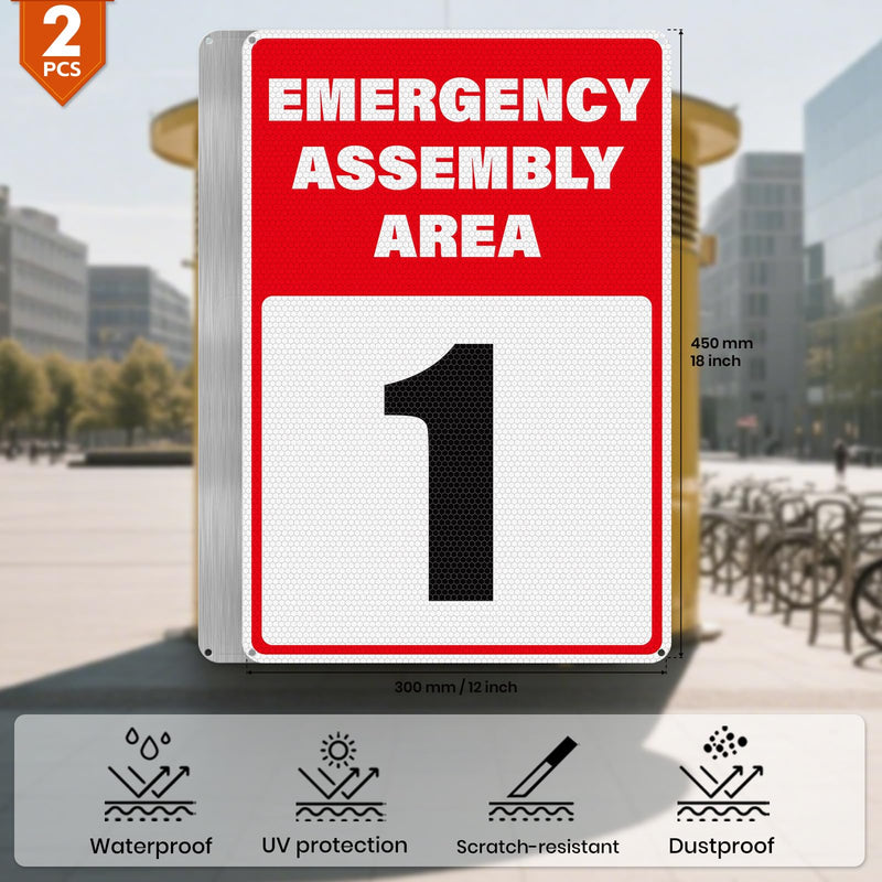 2 Pack Emergency Assembly Area 1 Sign 18 × 12 Inches Aluminum Reflective Safety Signage with Pre-Drilled Holes for Business Construction Site Warehouse
