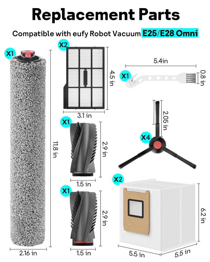 [Australia - AusPower] - Leemone 12 Pack E25 E28 Replacement Parts Kit for eufy E28 / E25 Omni Robot Vacuum, E25 Accessories Parts with 2 Dust Bag, 4 Side Brushes, 1 Rolling Brush, 1 Roller Mop, 2 Filter, 1 Cleaning Brush 