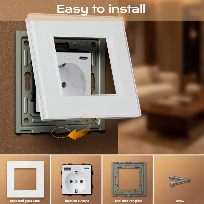 BSEED Glass Socket with 20 W USB C, Quick Charger Wall Socket, 3-in-1 Flush-Mounted Sockets, Easy Installation, 240 V 16 A, 86 mm, 1 Compartment, White 1-gang
