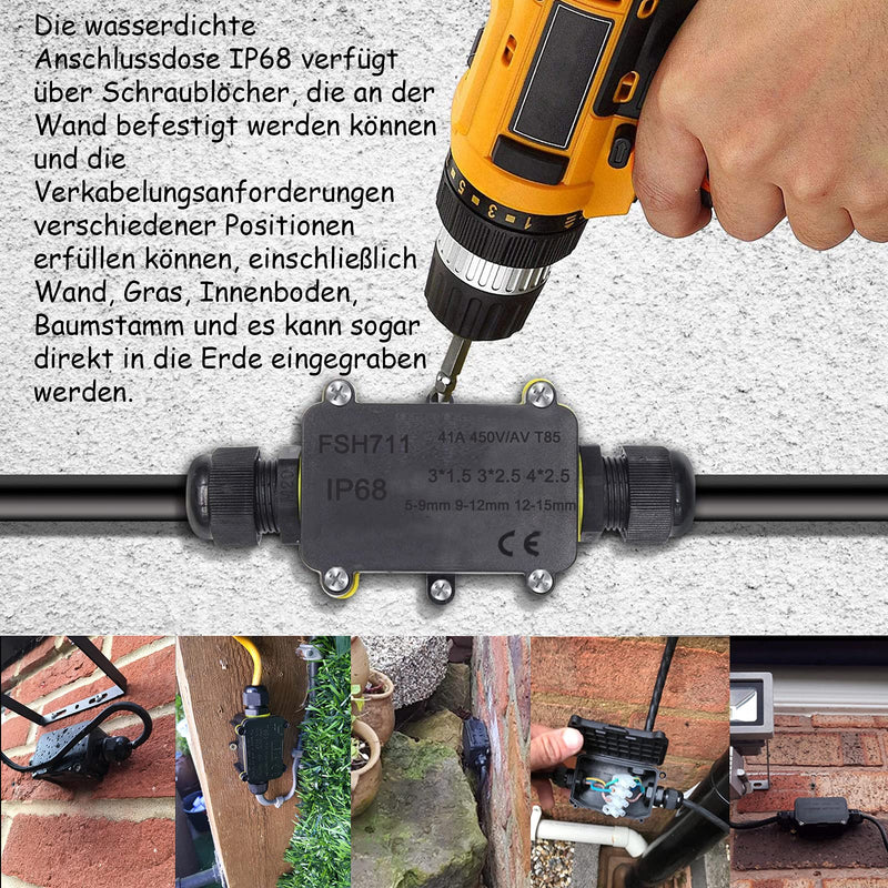 [Australia - AusPower] - Elezenioc IP68 Waterproof Junction Box, 2 Way M20 Junction Box, Outdoor Waterproof for 5-15 mm External Electrical Power Cable Boxes, Cable Connector for Outdoor Junction Box, Black 