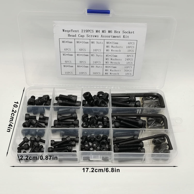 [Australia - AusPower] - 219 Pcs M4 M5 M6 Black Metric Hex Socket, 12.9 Grade Alloy Steel Head Cap Screws Bolts Washers Nuts Kit, Hex Socket Bolts and Nuts Assortment Set Screws Black Socket Head 