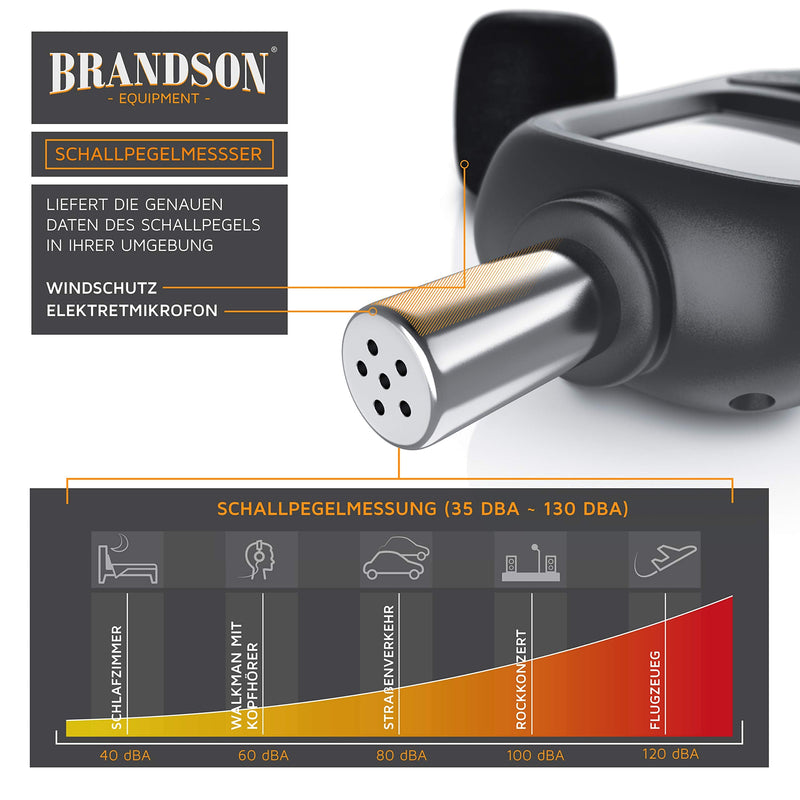 Brandson - Digital Sound Level Meter - Volume Meter - Sound Level Meter - Digital Sound Meter - Pre-Calibrated - 35 dB(A) to 130 dB(A) - Wind Protection - LCD Display