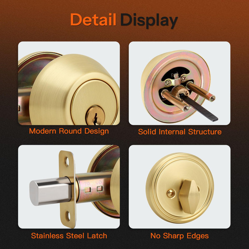 Single Cylinder Deadbolt, Keyed Front Door Lock, Satin Brass | Keyed exterior deadbolt with thumb turn, adjustable latch, standard door fit, satin brass finish