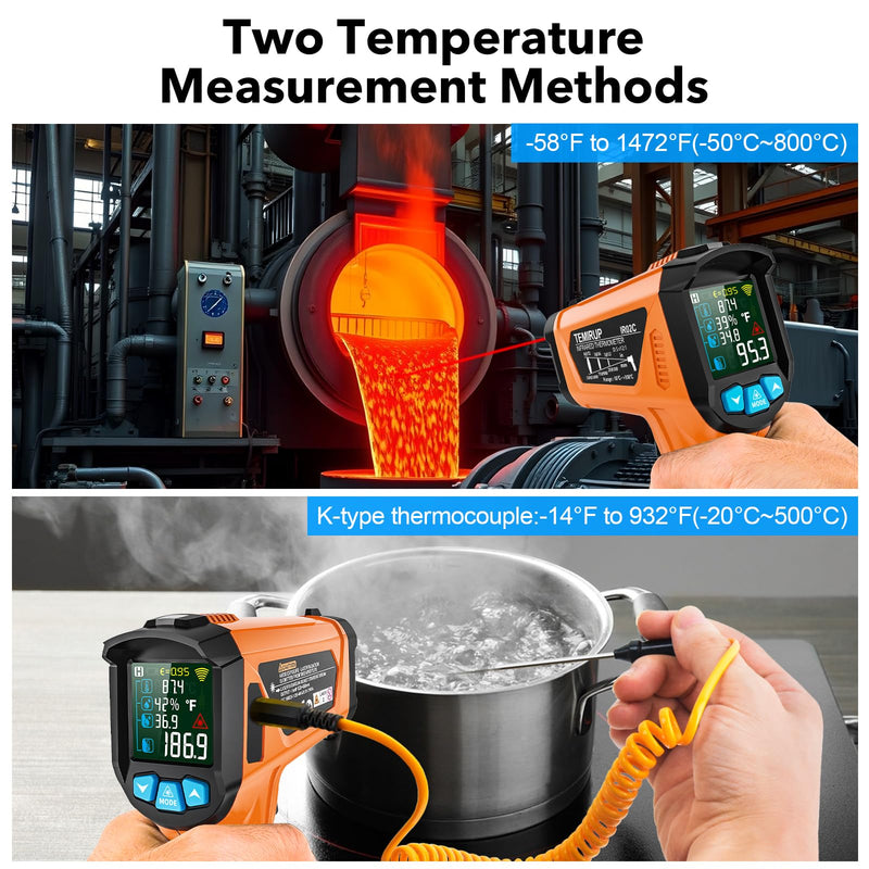 [Australia - AusPower] - Infrared Thermometer Gun, TEMIRUP Digital Laser Temperature Gun, -58°F to 1472°F, Non Contact IR Temp Gun with Color LCD for Industrial, Cooking, Griddle, Engine, HVAC,Adjustable Emissivity & Humidity Orange -58°F to 1472°F(-50~800°C) 
