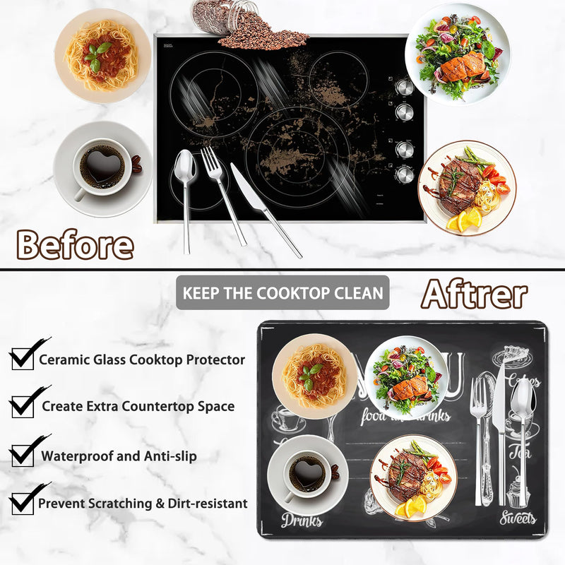 Decorative Electric Stove Cover - Cook Menu Design, Non-Slip Heat Resistant Protector for Smooth/Glass Top Stoves, Fits 28.5'' x 20.5''