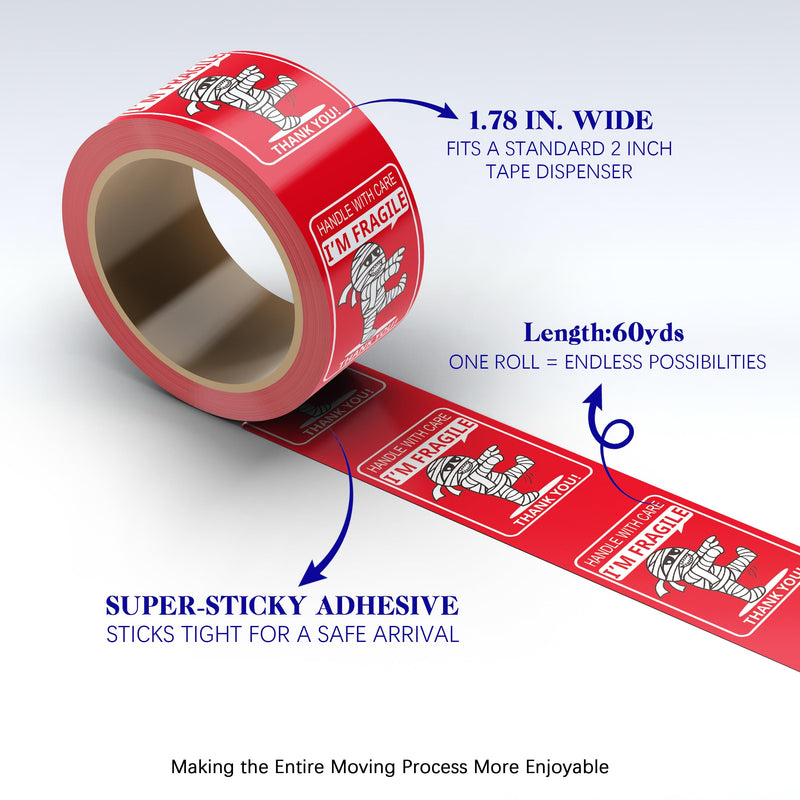 Fragile Tape for Safe Moving and Shipping,Cute Design and Free Dispenser | 1.78 Inch Width x 60 Yards, Durable Packaging Tape for Boxes, Ideal for Mailing and Storage mummy