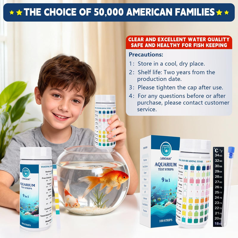 9 in 1 Aquarium Test Strips, 100 Count, Fish Tank Water Test Kit for Freshwater & Saltwater, Tests Nitrate, Nitrite, pH, KH, Total Alkalinity, Hardness, Free Chlorine, Copper & Phosphate