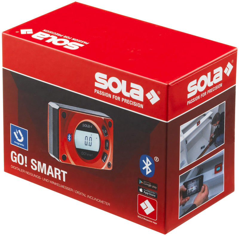 SOLA GO! smart Digital Protractor with Bluetooth, Digital Spirit Level with LCD, Remote Control via Smartphone and App, Magnetic Inclinometer with V-Nut, Magnetic Bevel Box, IP54 Single