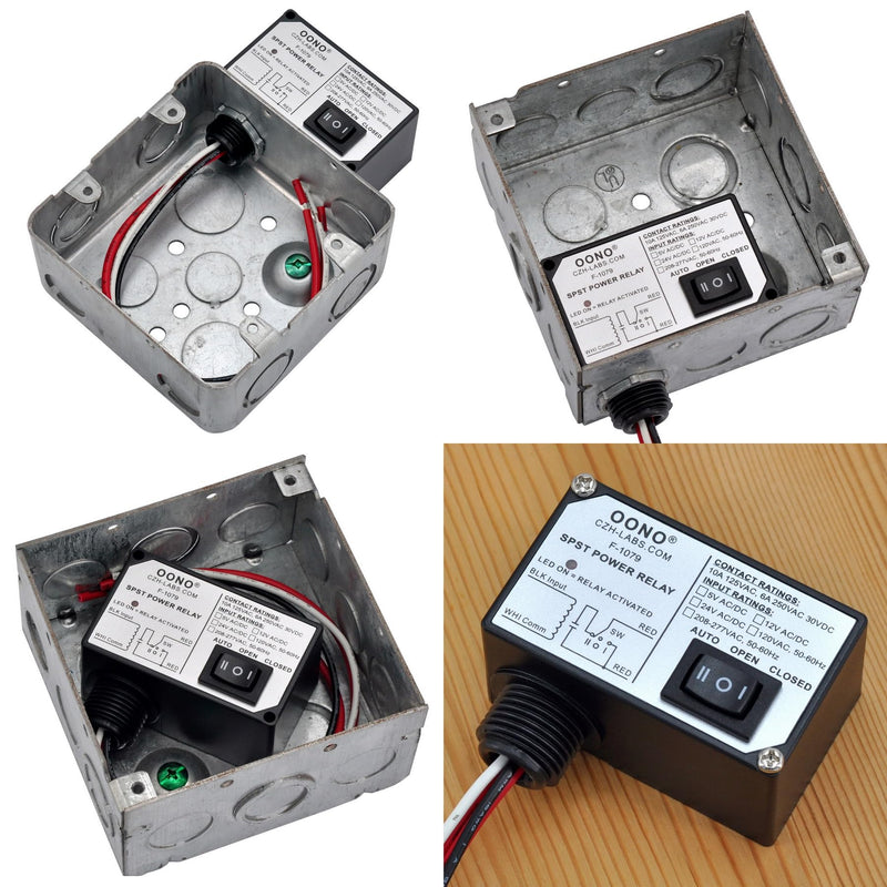 AC120V Power Relay Module SPSP-NO + Override Switch, 10Amp 125VAC, 6A 250VAC/30Vdc, Plastic Enclosure and Pre-Wired AC 120V