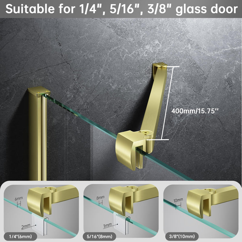 Frameless Shower Door Support Bar, Stainless Steel Wall-to-Glass Support Arm to Fixed Shower Glass Panel, for 1/4"-3/8" (6-10 mm) Door, 180° Pivot & Stow-Flat Mode (Brushed Gold, 15.8-inch(400mm)) Brushed Gold 15.8-inch(400mm)