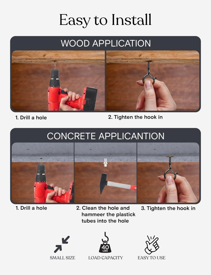 [Australia - AusPower] - Brightech String Light Screw Hooks - Ceiling Hooks for Hanging Solar, Plug-in Lights, Outdoor String Lights - Q Hooks with Safety Buckle Design for Porch, Patio - 15 Pack, Black 15 Pcs 