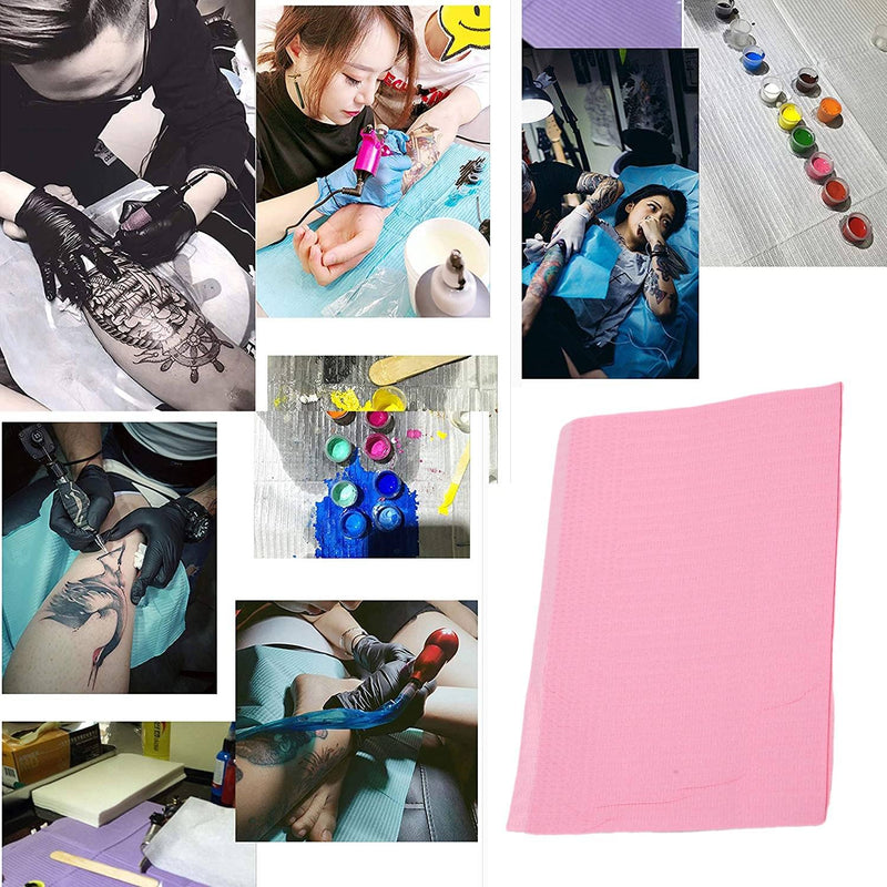 Tattoo Bibs, Pack of 125 Disposable Dental Bibs Waterproof Tattoo Cover Piercing Table Mat Nail Paper Towels Acrylic Manicure Cloths Table Cloth Supply Sheets Tablecloth Clean Pad Dental Pink