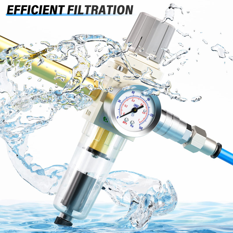 TAILONZ PNEUMATIC 1/4 Inch NPT Automatic Drain Air Filter Pressure Regulator Combo Piggyback, Air Tool Compressor Filter with Gauge AW2000-02D 1/4"NPT Auto Drain
