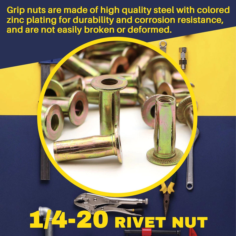 [Australia - AusPower] - 50 Pack 1/4-20 Multi-Grip Rivet Nuts - Zinc-Plated Steel Construction Fasteners - Pre-Bulbed Shank - Flat Head Threaded Insert Plus Nut - Ideal for Household Items, Automobiles 50 Pack 