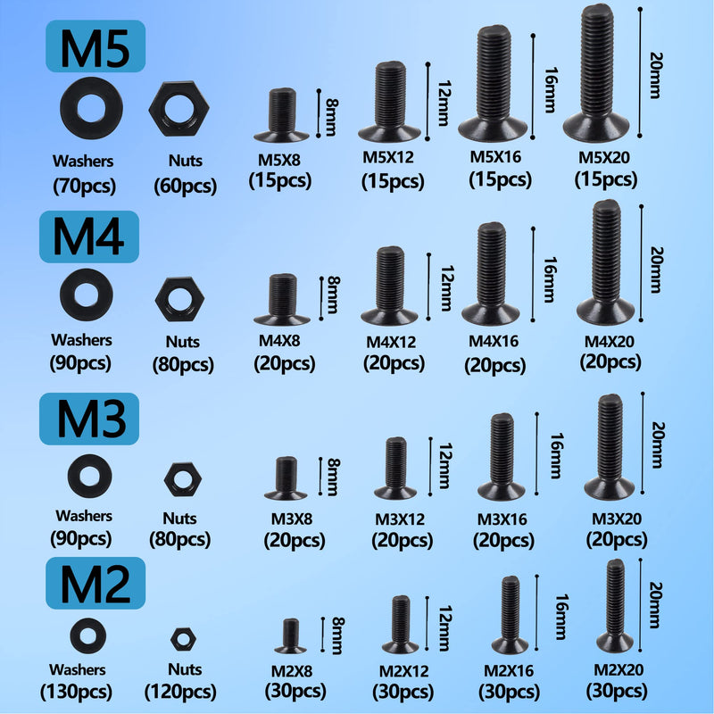 [Australia - AusPower] - newlng M2 M3 M4 M5 Socket Head Screws Set Carbon Steel Black Flat Head Hexagon Bolts and Nuts Washers Set 1065pcs Countersunk Head Screw & Bolt Assortment Sets with Spanner for Home Industrial M2345-3 
