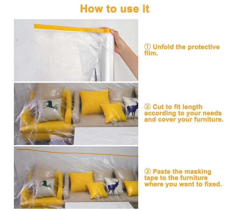 Muf 2 x 65 Feet Plastic Drop Cloth Plastic Sheeting with Masking Tape,Waterproof Protective Masking Film,Prevent Dust Paint for Car,Furniture,Carpet,Floor,3 Pack 3 2 × 65 feet