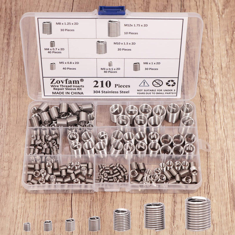 [Australia - AusPower] - Wire Screw Sleeve Thread Repair Inserts Assortment Kit 304 Stainless Steel Metric M3 M4 M5 M6 M8 M10 M12 Wire Thread Inserts Helicoil Thread Repair Kit 210Pcs 