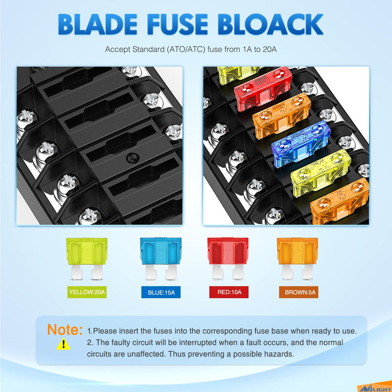 Nilight 12 Way Fuse Block with Negative Bus 12V Blade Holder ATC/ATO Standard Box Label Stickers Waterproof Cover Panel for Automotive Cars Trucks RVs Campers Vans