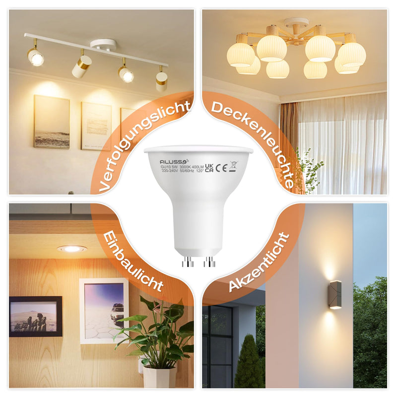 [Australia - AusPower] - ALUSSO GU10 LED Bulb 5 W Warm White 3000 K LED Light Bulb 400 Lumen Replaces 50 W Halogen Bulbs, 120° Beam Angle Spotlight, Not Dimmable, Pack of 4 5w, Warm White 3000k 4 pcs (pack of 1) 
