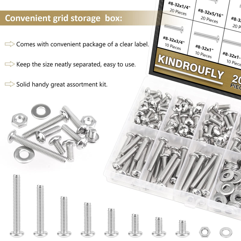 [Australia - AusPower] - 202 Pieces #8-32x 1/4", 5/16", 3/8", 1/2", 5/8", 3/4", 1", 1-1/4", Phillips Pan Head Machine Screws Nuts Washers Assortment Kit, 304 Stainless Steel, Fully Machine Thread #8-32 
