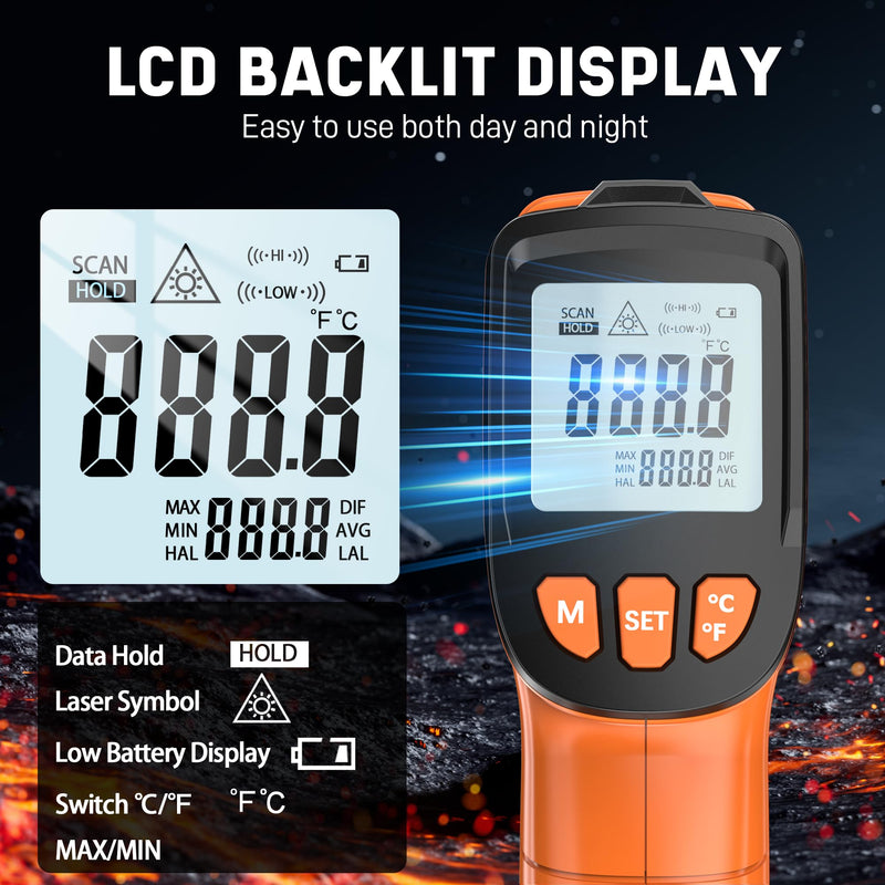 [Australia - AusPower] - Infrared Thermometer Gun, Infrared Temperature Gun for Cooking, Laser Thermometer Gun -58℉~1076℉ with Adjustable Emissivity & Max/Min, Suitable for Industry, ovens, HVAC (Not for Human) Orange 