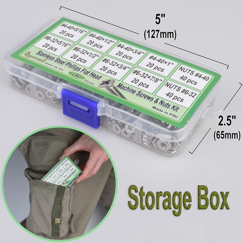 [Australia - AusPower] - Flat Head Screws #4-40#6-32 - Machine Screws Assortment Kit - 240 pcs - Bolts and Nuts Set - Full Thread Small Screws with Storage Box Flat Head 