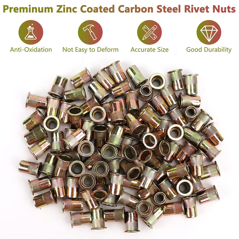 [Australia - AusPower] - 100pcs Carbon Steel 5/16'' Rivet Nut, 5/16''-18UNC Flat Head Rivnut Threaded Insert Nuts Set, 5/16 Rivnut Inserts for Automotive, Furniture, Decoration (Yellow Zinc Plated Finish) 