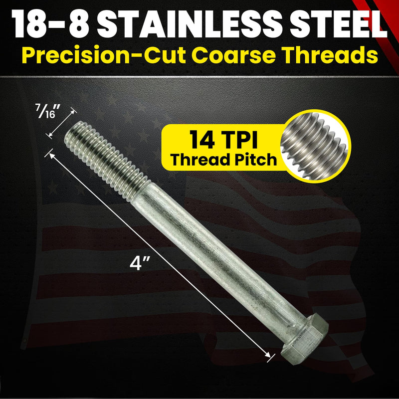 Stainless 7/16-14 x 4" Hex Head Bolts (3/4" to 5" Lengths Available in Listing), 304 Stainless Steel, 10 Pieces (7/16-14 x 4") 7/16-14 x 4"