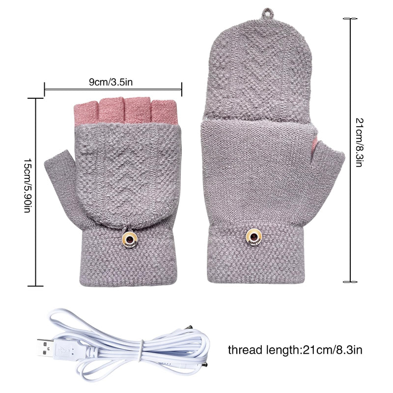 [Australia - AusPower] - Women's & Men's USB Heated Gloves Mitten Full & Half Fingerless Winter Hands Warmer Laptop Gloves Grey Pink 