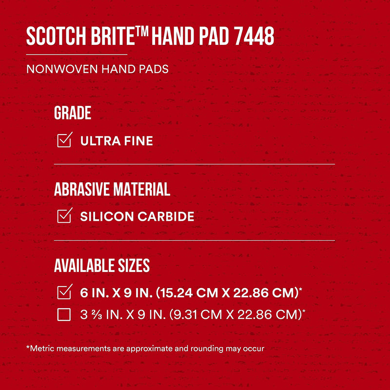 [Australia - AusPower] - Scotch-Brite Ultra Fine Grade 7448 Hand Pad, Pack of 3, 6 in x 9 in Hand Pads, Nonwoven Silicon Carbide, Surface Preparation, Scuffing, and Cleaning, Gray 