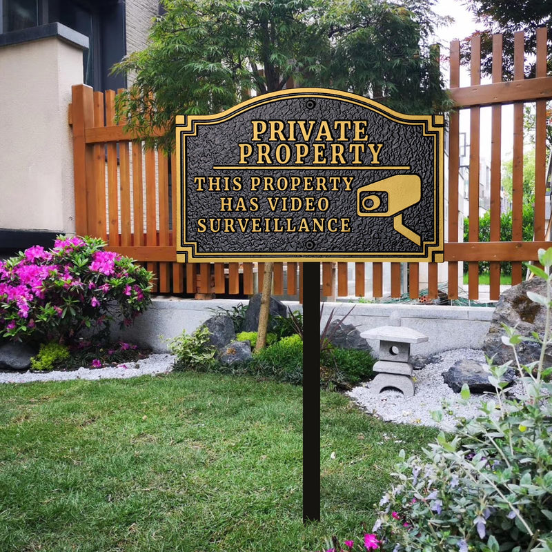 Private Property - This Property Has Video Surveillance Statement Plaque,Home Security Camera Sign with Stakes, Heavy-duty Material, Golden Embossed Letters, 11.5"×7.5” with 31.5" Post