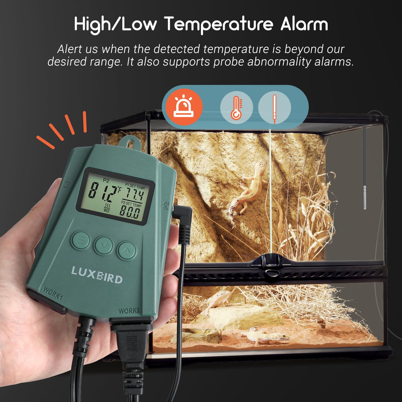 [Australia - AusPower] - LUXBIRD Reptile Thermostat Controller (250w Per Outlet), Digital Thermostat for Turtles, Lizards, Frogs, and Other Reptiles (Power Off Memory New) LB-2SC New Ver. 