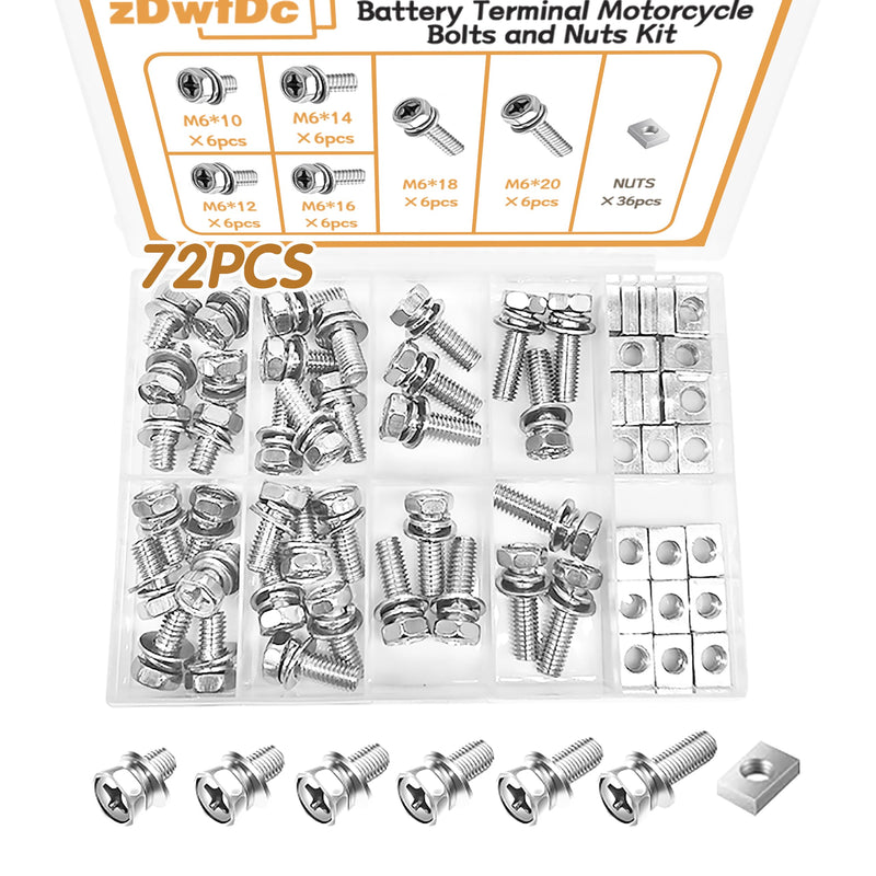 [Australia - AusPower] - 72PCS Battery Terminal Motorcycle Bolts and Nuts Kit M6*10/12/14/16/18/20mm 304 Stainless Steel Battery Bolt with Square Nut for ATV Bike, Motorcycle, Scooter 72pcs kit 