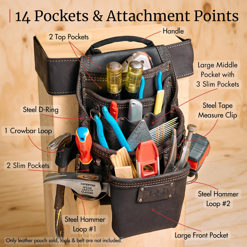 FESA Leather Carpenter Tool Pouch - 10-Pocket Heavy Top Grain Leather Carpenter Pouch with 2 Hammer Loops, Tape Clip, Large & Small Pockets - Fits Work Belts up to 3" - Handcrafted Brown
