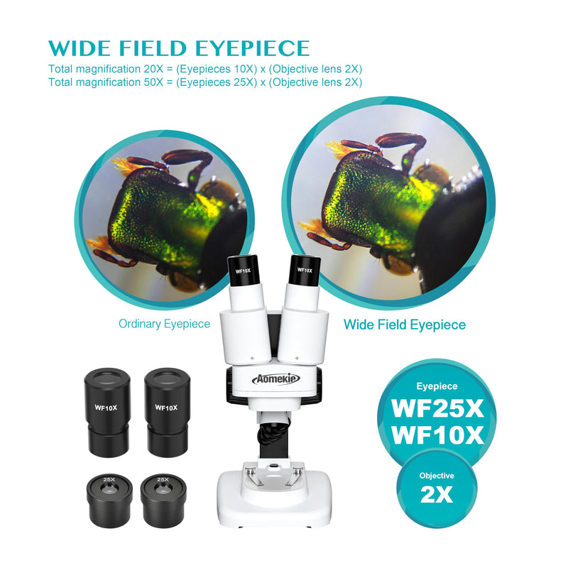 Aomekie® Microscope 20X 50X with 10Pcs Slides Insect Specimen Stereo Microscope with WF eyepieces LED Light Source Portable Stereoscope 12Pcs Mineral specimens
