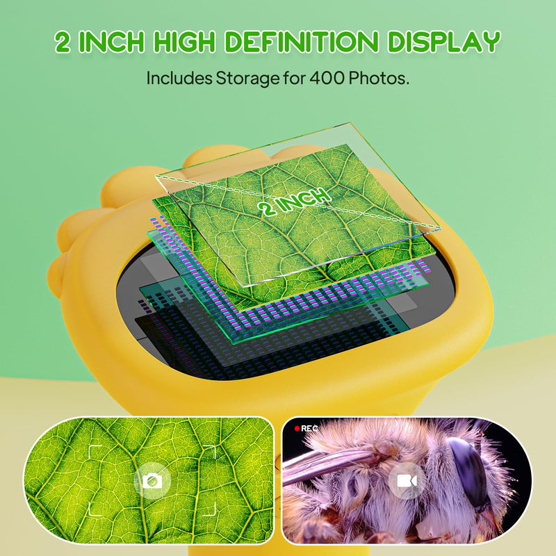 Microscope for Children, Ashfly 1000X Pocket Microscope with 2.0 Inch IPS Screen USB Microscope Magnifying Glass, 8 LED Lights Connection to PC, Mini Children's Microscope for Easter Toy - Orange Yellow-Small